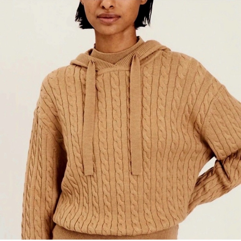10 Crosby Derek Lam Tan Cable Knit Turtleneck Hoodie Sweater - Picture 9 of 12